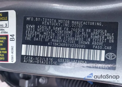 2007 Toyota Avalon Limited z USA, uszkodzony, nr VIN 4T1BK36B97U220085